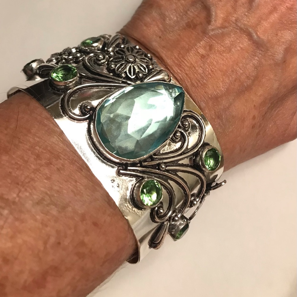 Green Amethyst Peridot Stamped 925 Sterling Silver Cuff Bracelet